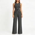 thumbnail image 3 of Women's 2 Piece Business Casual Outfits Striped Button Up Sleeveless Tank Tops with Pants Comfy Set Black XL(XL), 3 of 7