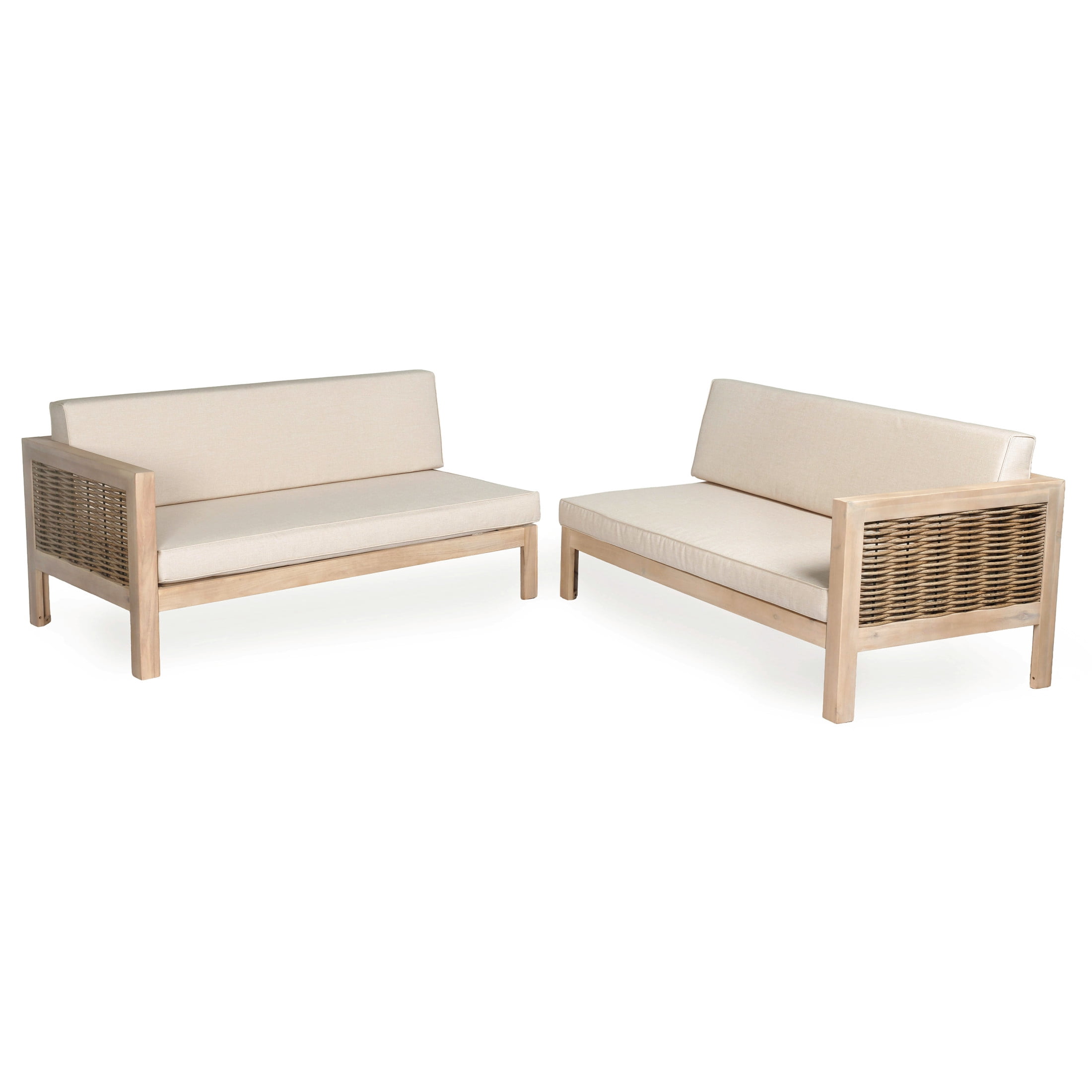 Christopher Knight Home Acacia Wood 4-Seater Sectional Sofa Set, Wicker Accents, Sand+Light White