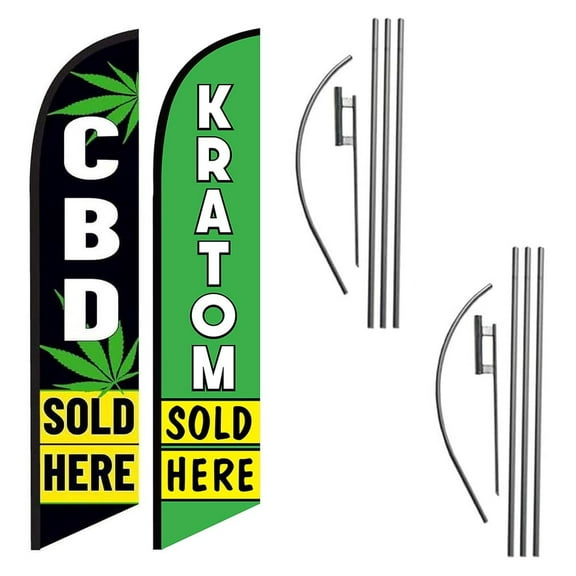 Smoke Shop Advertising and Kratom Sold Here Banner Swooper Flag Signs with Flagpole Kits and Ground Stakes, Curb Side Signs and Flags by