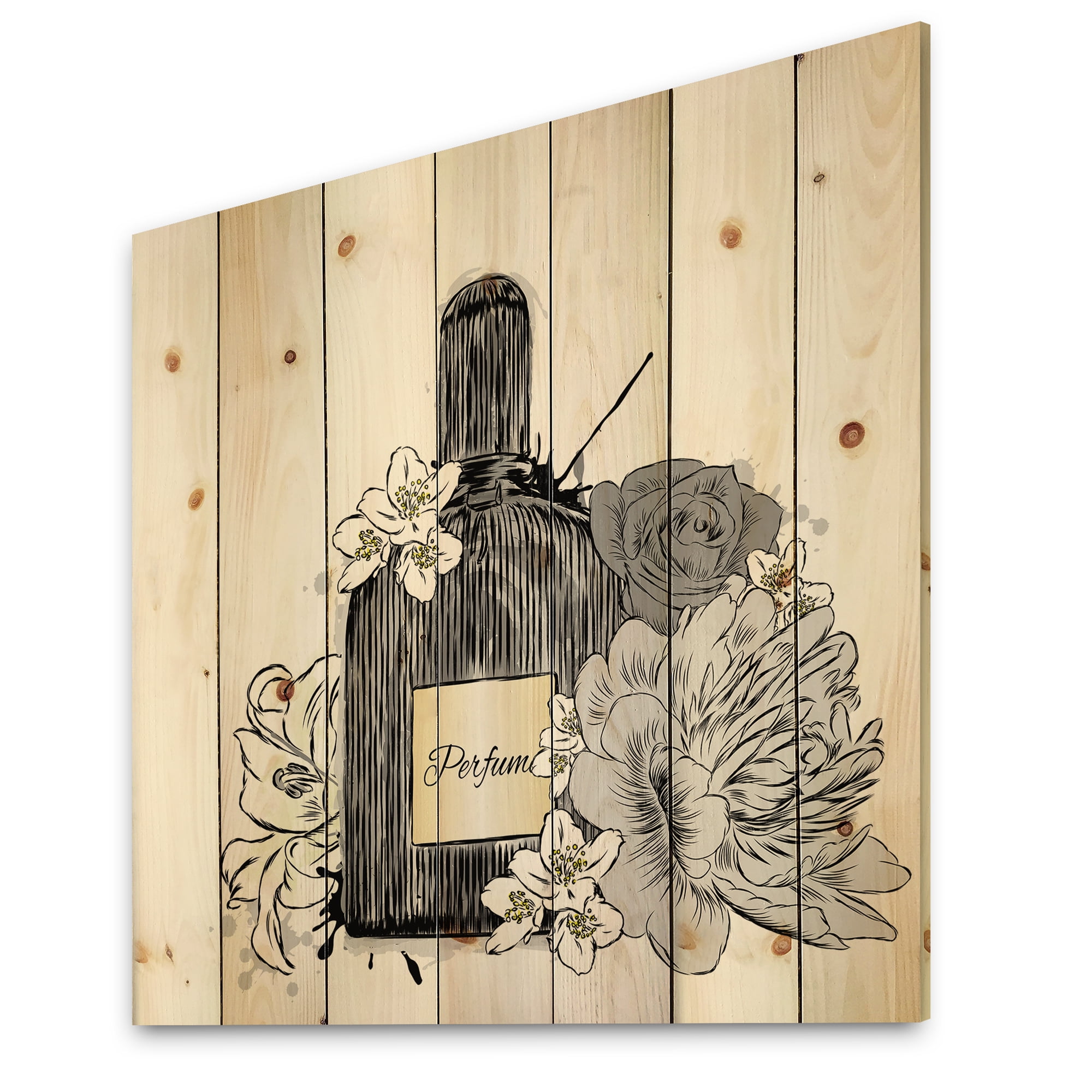 Designart 'Bouquet of Flowers and Perfume Bottle III' Traditional Print on Natural Pine Wood