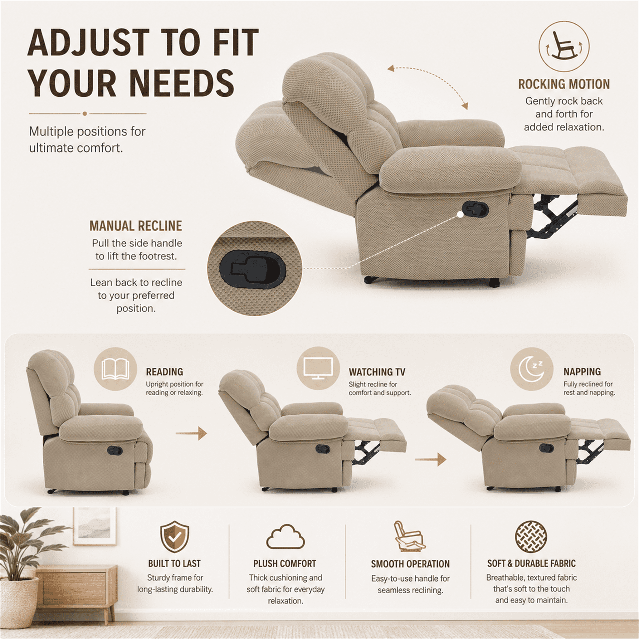 Homy Casa Overstuffed Rocking Recliner, Manual Fabric Chair with Footrest for Living Room, Beige