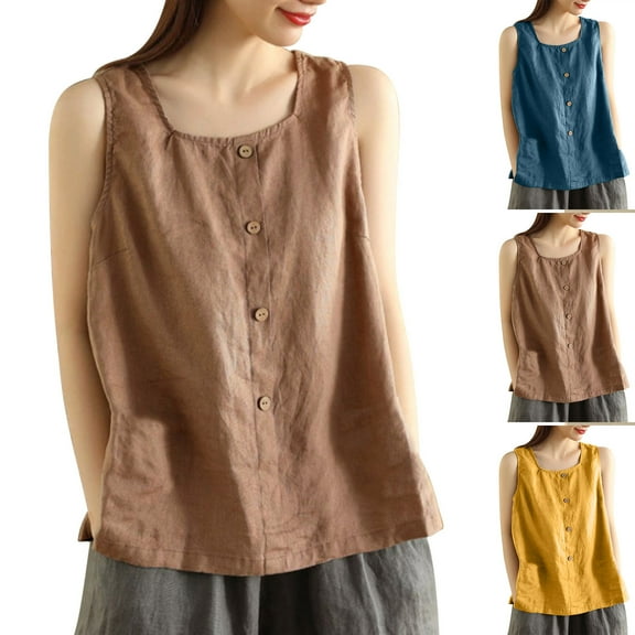Dazajoo Women's Sleeveless Linen Shirts Casual Solid Color Tank Tops Basic Solid Color Lightweight Vest Tee,Blue,L