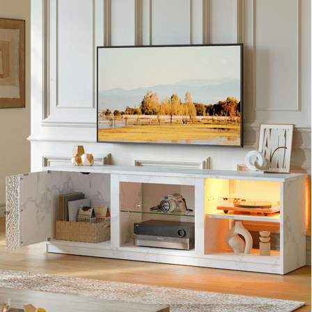 LED TV Stand for TVs up to 70", Entertainment Center with Bookshelves & Cabinet, White Marble