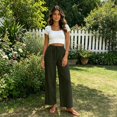 thumbnail image 4 of RFQWOVSR Women's Elastic Waist Drawstring Wide Leg Linen Pants with Pockets Loose Fit Casual Summer Trousers S, 4 of 5