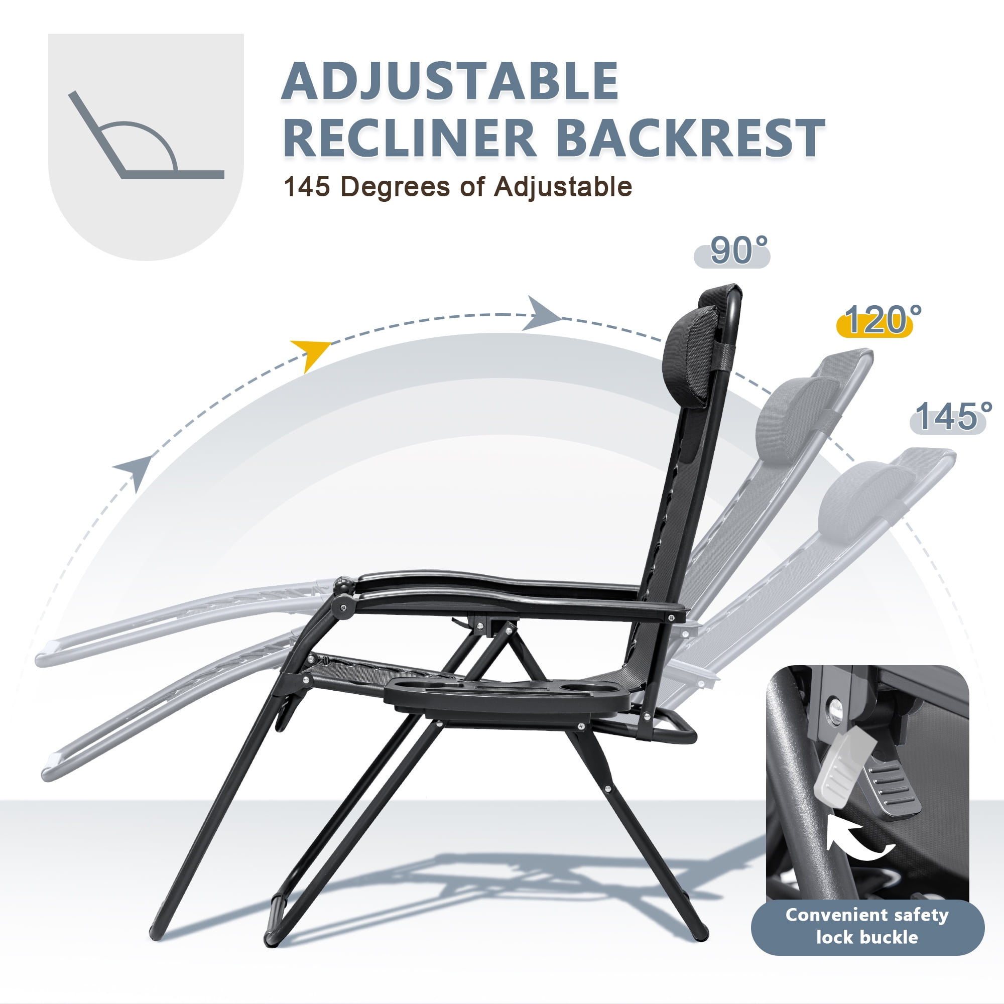 Lacoo Zero Gravity Chair Patio Outdoor Foldable Lawn Lounge Chair Reclining Chair with Adjustable Pillow Pack of 2, Black