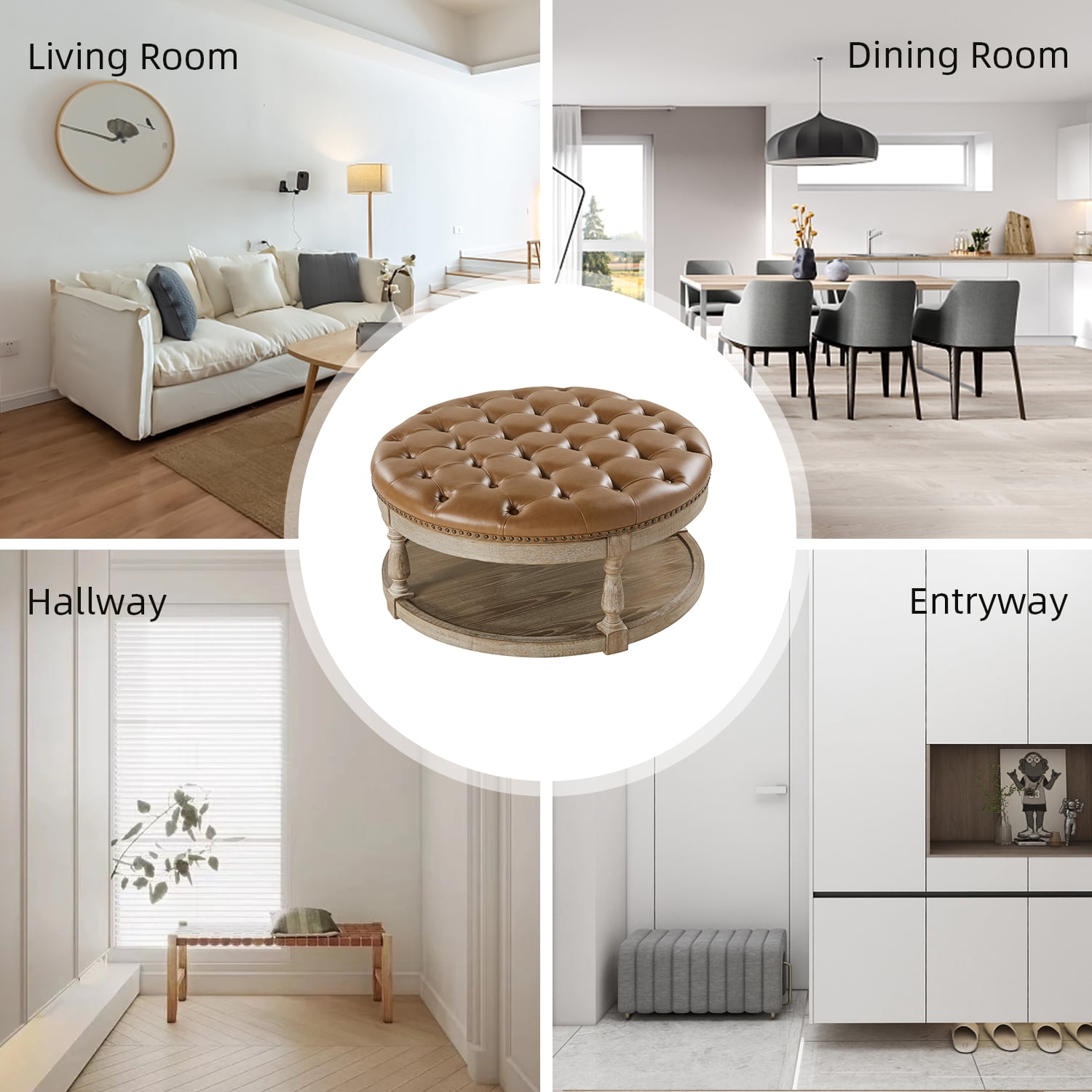 35" Leather Round Cocktail Ottoman Storage Coffee Table for Bedroom Home Living Room Camel