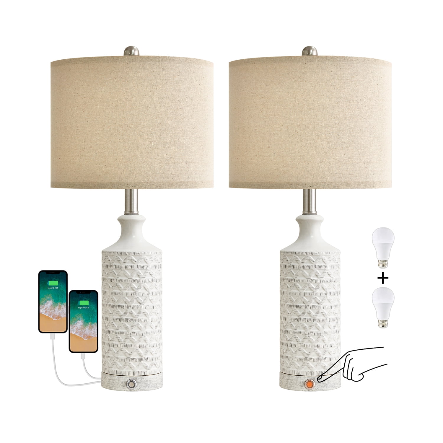 Oneach 3 Way Dimmable Touch Table Lamp Sets of 2 with USB Ports Modern