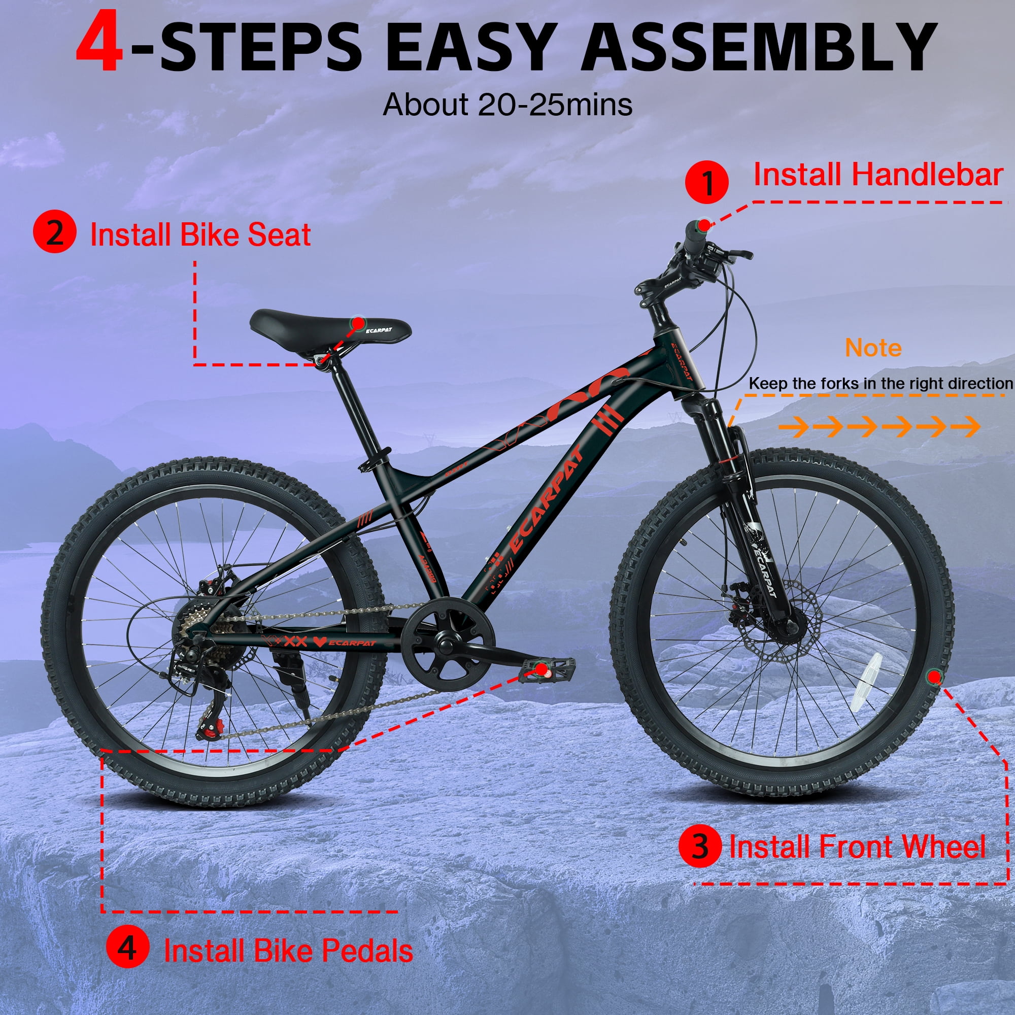Ambifirner Mountain Bike, 24 Inch Men Bicycle w/ 21-Speed Drivetrain, Front Suspension Fork, Dual Disc Brakes, Adjustable Seat, Outdoor Cycling Bike