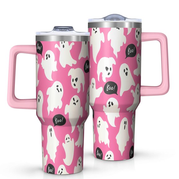 Playful Halloween Ghosts Pattern Tumbler with Handle and Lid,40oz Double Wall Vacuum Insulated Tumbler,Cups Gift for Women and Men