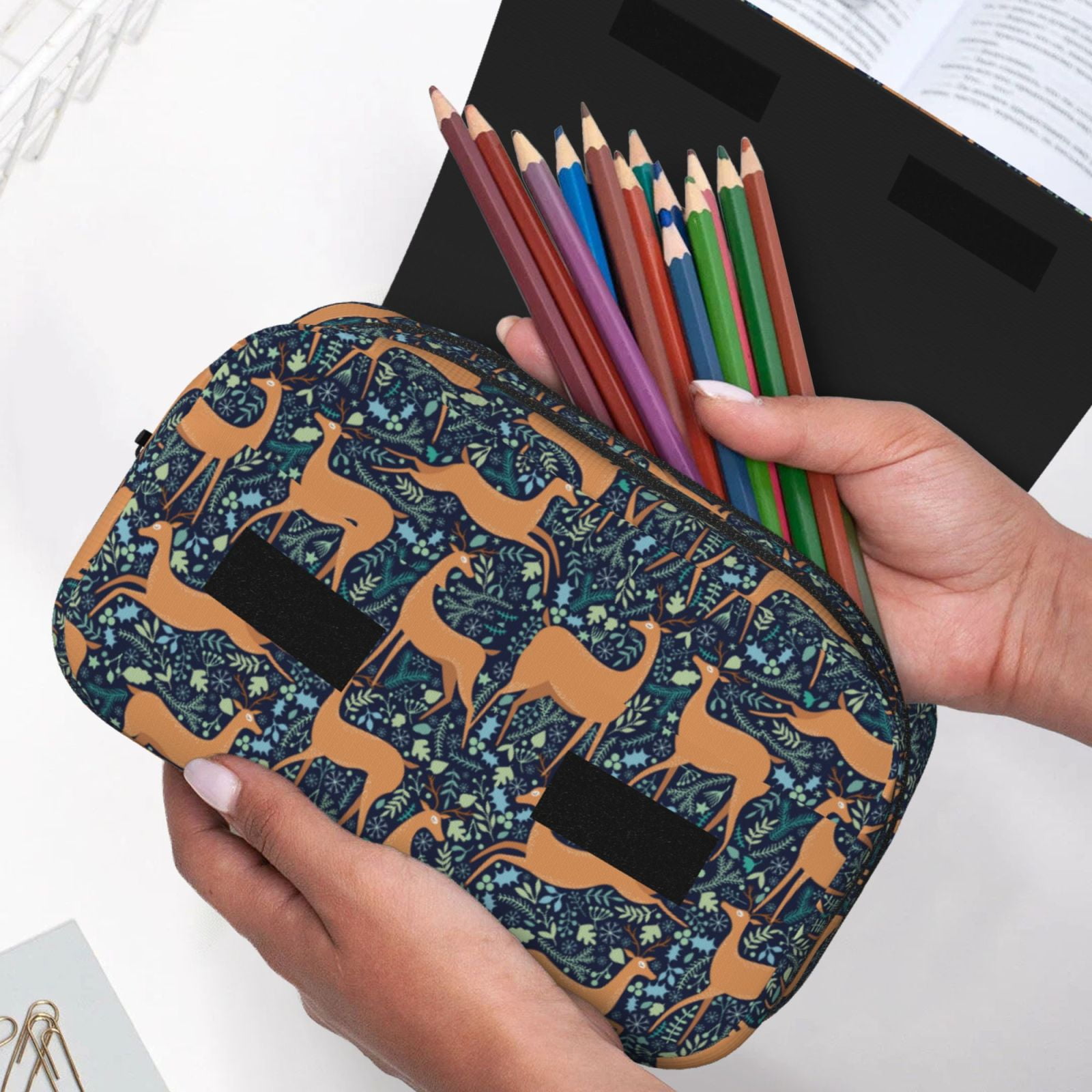 Rateoe Reindeer Pattern Double Clamshell Pen Case, Storage Organizer with Two Zipper Compartments– Holds Up to 50 Pencils & Pens