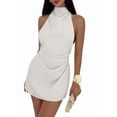 thumbnail image 2 of Women's Ruched Halter Sleeveless Mini Dress Tie Backless Bodycon Evening Party Cocktail Dresses White L, 2 of 9