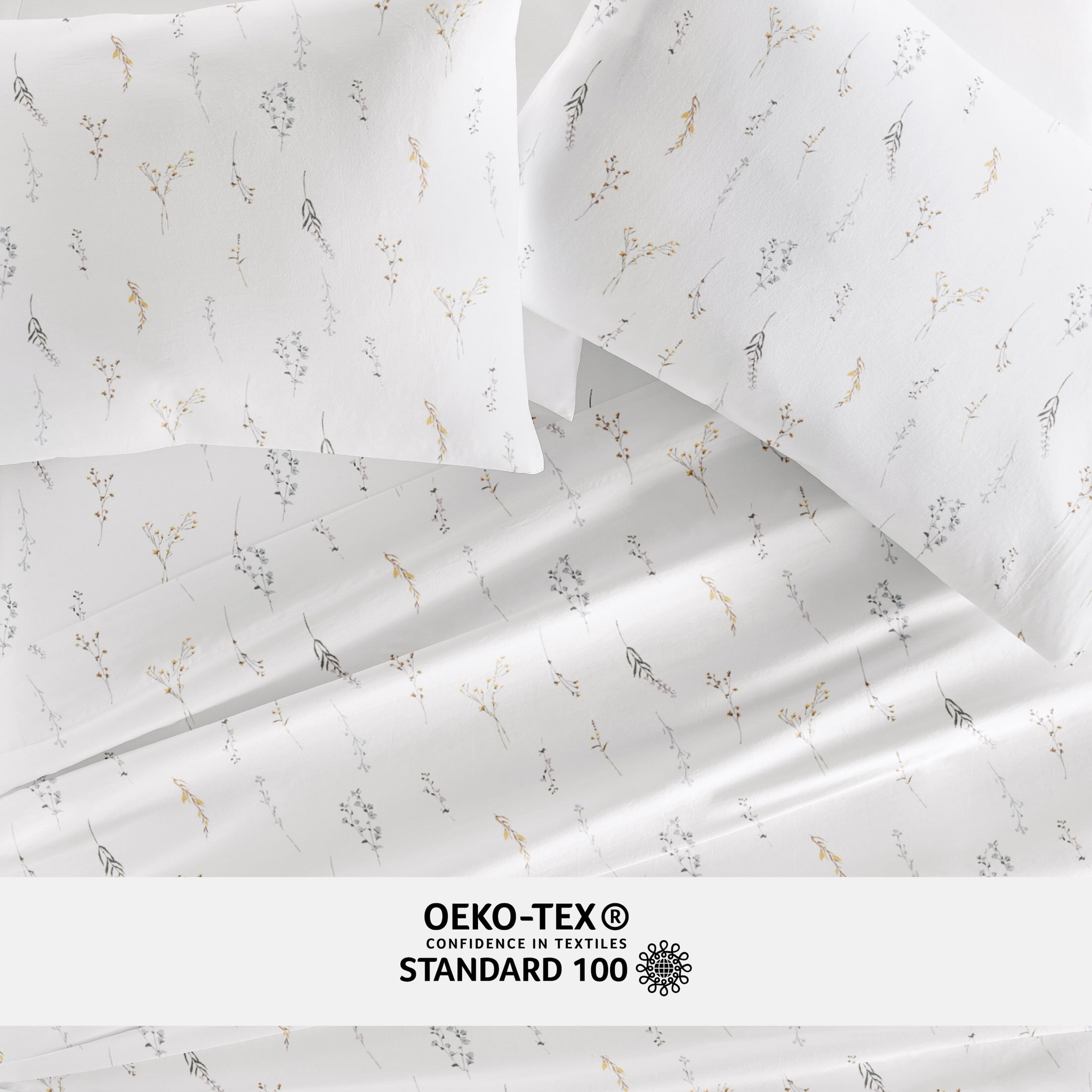 Noble Linens 4 Piece 300TC Cotton Printed Sheets, Wild Garden White, California King