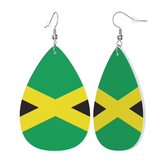 Faux Leather Teardrop Earrings Jamaica National Country Flag Printed Dangle Earrings Lightweight Drop Earrings