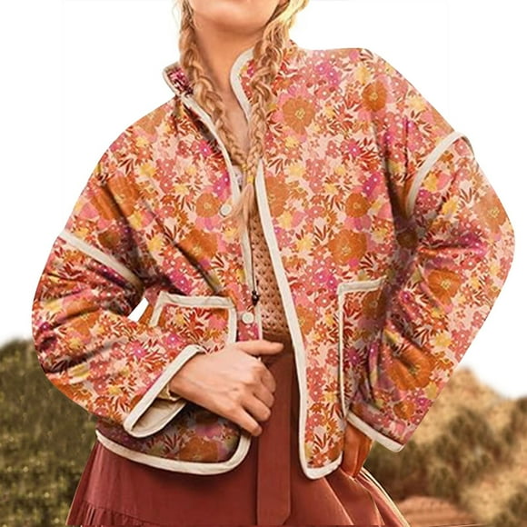 Amzcrzy Puffer Jacket Womens Women Warm Quilted Jackets for Women Long Sleeve Floral Print Puffer Jacket Coats with Pockets Womens Puffer Jacket Jackets for Women Womens Jacket