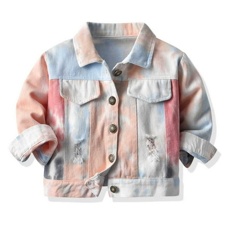 

SUQLIZAEID Toddler Kids Baby Boys Girls Tie Dye Denim Jackets Long Sleeve Lapel Button Down Jeans Coat Cowboy Overcoat Casual Trendy Thick Outwear