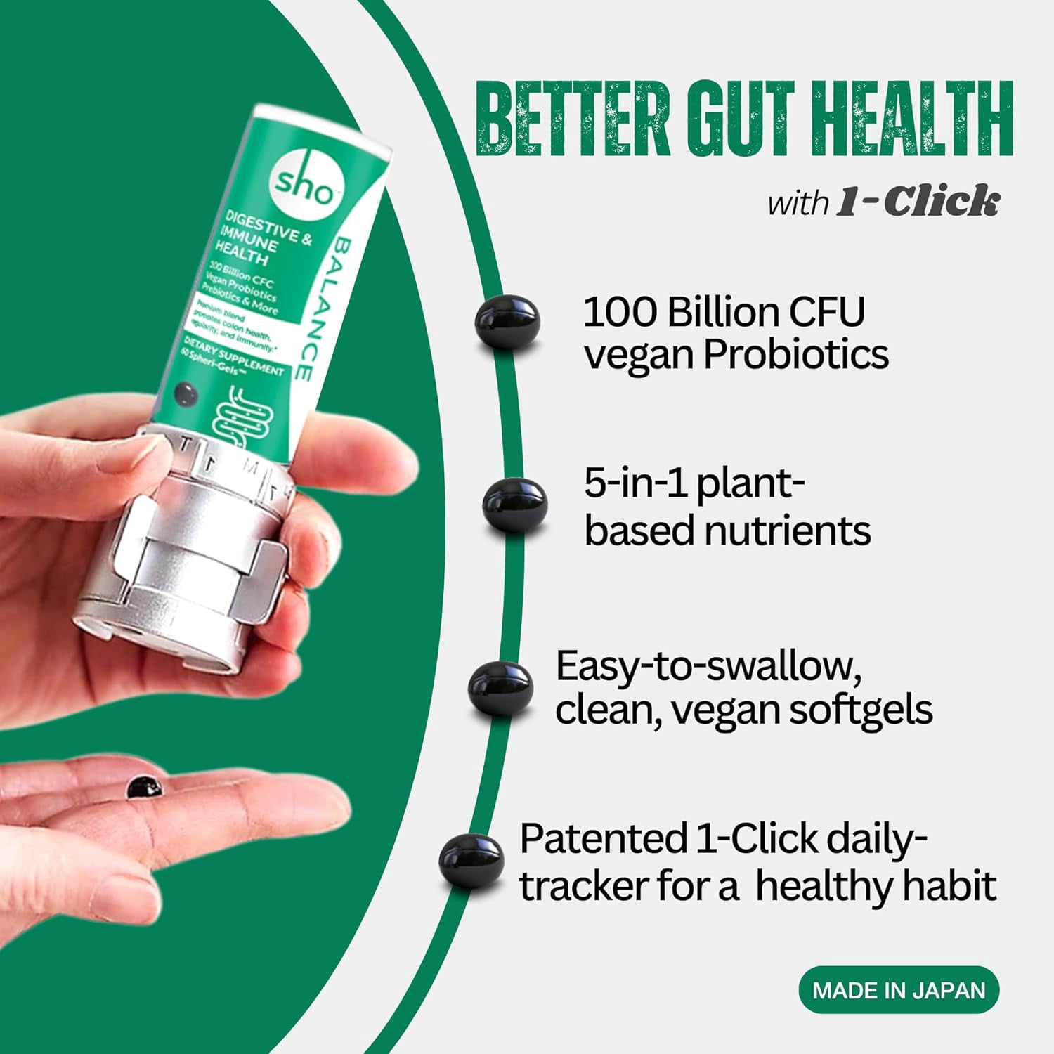 SHO Balance 100 Billion CFU Prebiotics and Probiotics Including Lactobacillus Casei for Digestive Health, Shelf-Stable Vegan Probiotics for Men and Women – 60 Pills 3 Bottles with Dispenser