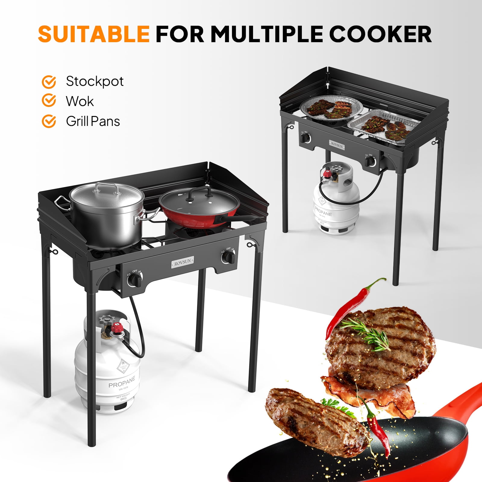 ROVSUN 2 Burner Outdoor Propane Gas Stove with Windscreen, 150,000 BTU High Pressure Stand Cooker for Backyard Cooking Camping Home Brewing Canning Turkey Frying, 20 PSI Regulator