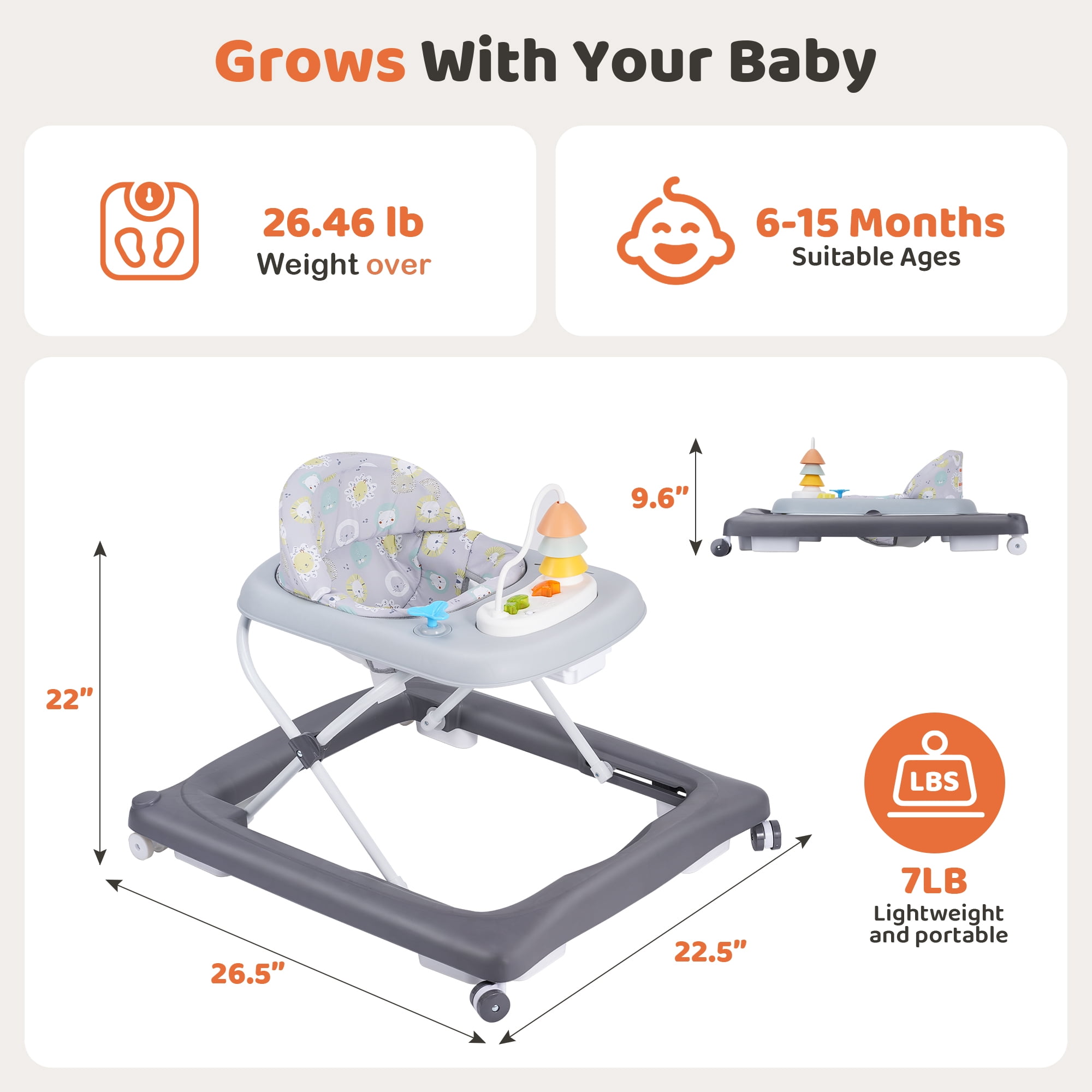 Babyeap Baby Walker,Foldable Baby Activity Walker with Wheels,Toddler Activity Centers,Removable Toys,Ages 6-15 Months,Gray