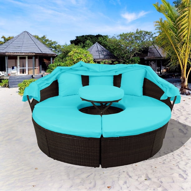 Patio Furniture Sets Round Patio Daybed With Retractable Canopy Wicker Rattan Round Daybed Seating Separates Cushioned Seats Outdoor Conversation Sets For Garden Lawn Pool Blue W7876 Walmart Com Walmart Com