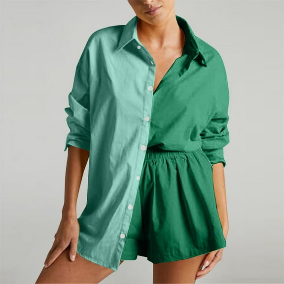 Pyhlmscde Women's Spring/Summer Fashion Set Casual Color Blocked Single Breasted Shirt Elastic Shorts Two Piece Set, Linen Shorts Set, Zeagoo Button Down Shirts for Women, Coord Sets for Women Summer