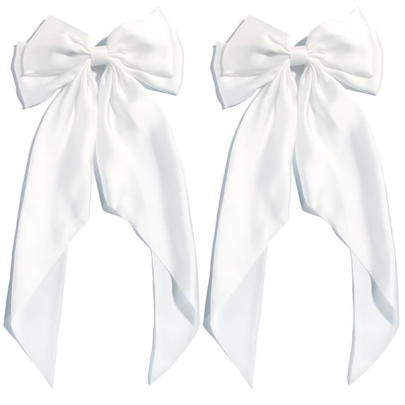 VANIDO Large White Bows for Girls Hair Big Bow Clip Scarf French Barrette with Long Silky Satin Ribbon Solid Color Bowknot Hairpin Hair Slides Women Scrunchies Accessories 2pcs