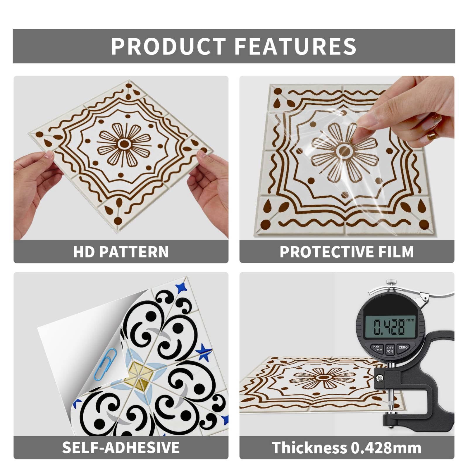 24PCS Mediterranean Style Peel and Stick Wall Tile Decals - 6"x6" Vintage Waterproof Vinyl Moroccan Bohemian Stickers for Kitchen Backsplash, Bathroom, Stair Riser Decor