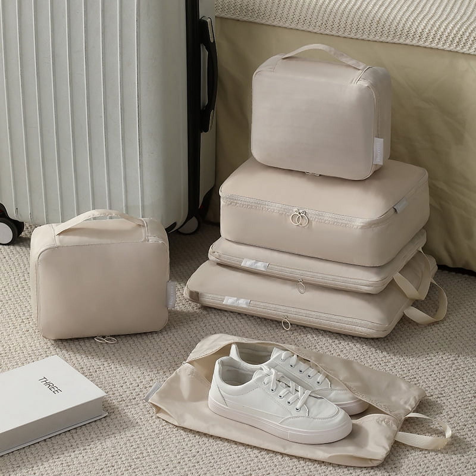 6 Set Compression Packing Cubes for Travel, Large Medium Small Luggage Organizers, Storage Bags for Clothes (6 Pack, beige)