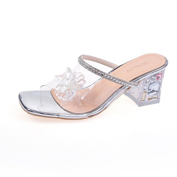Utoimkio Platform Sandals for Women Clearance Women's Clear Thick Heel High Heel Open Toe Rhinester Sandals