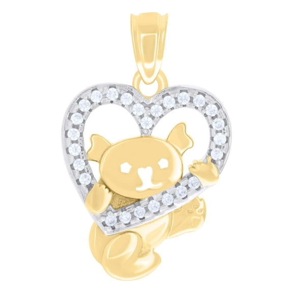 10kt Real Two-tone Gold Womens Cubic-Zirconia Teddy Bear Heart Charm Pendant