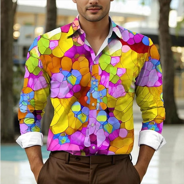 Camisa de manga larga con solapa de primavera para uso diario con diseño abstracto colorido y bloques de color para hombre, cómoda y suave, con botones a la moda