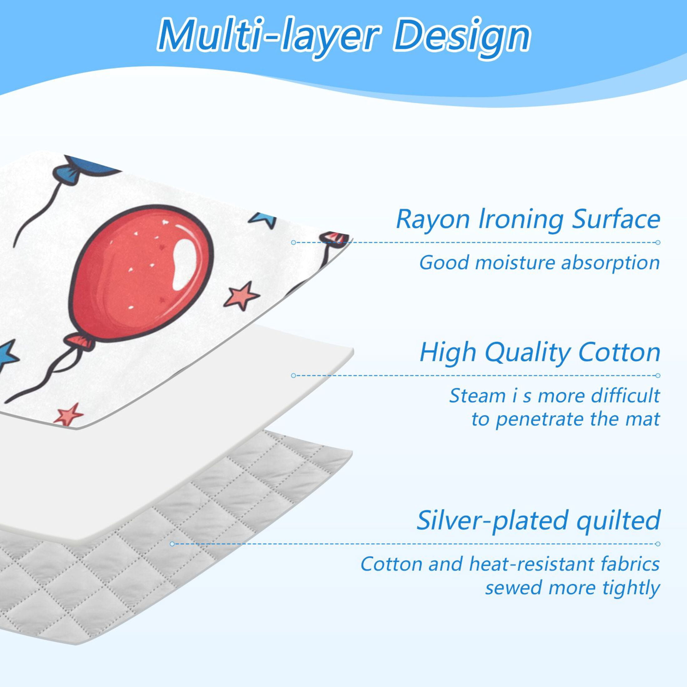 Cartoon Balloons and Stars July 4th Ironing Mat Blanket Portable Travel Ironing Pad Heat Resistant Pad 47.2" x 27.6”