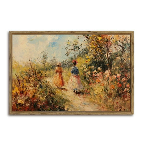 Women Walking Flower Garden Artwork Horizontal Canvas Wall Art with Lightweight Foam Frame - Durable and Ready to Hang, Modern Decorative Print for Living Room, Bedroom, Or Office