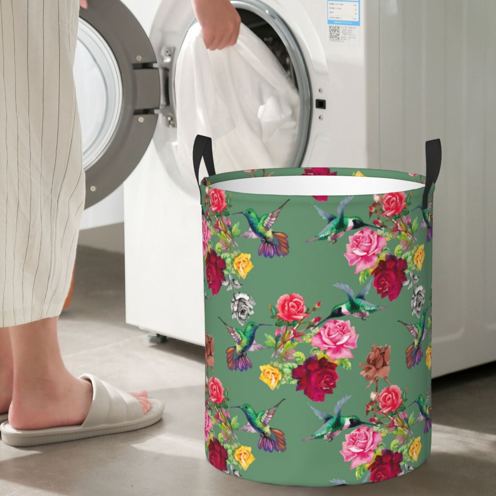 Large Laundry Basket with Handles - Hummingbird Rose Kids Baby Dirty Clothes Laundry Hamper for Bedroom Aesthetic
