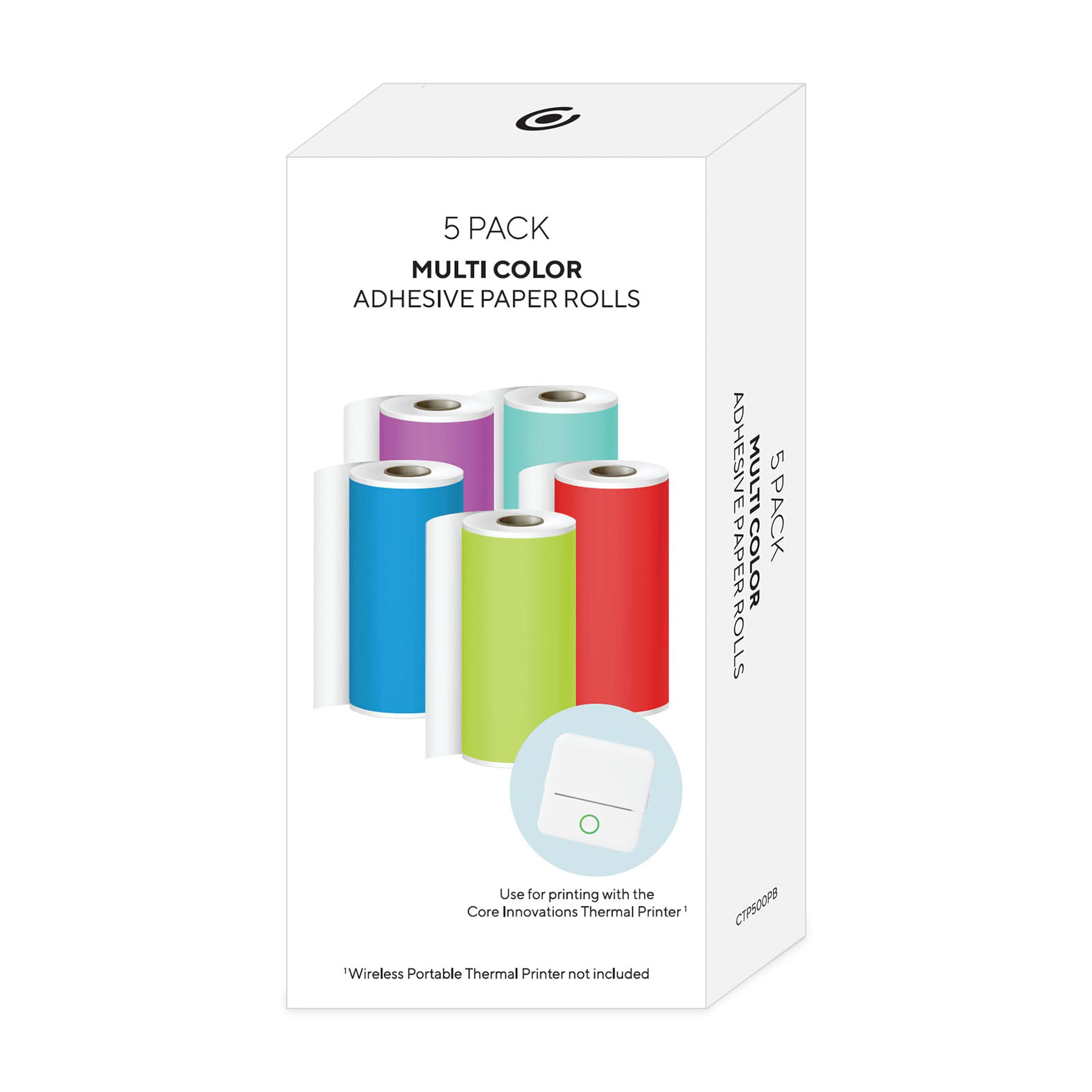 Core Innovations Thermal Printer Adhesive Sticker Paper Rolls, Primary Colors, 2.18", 5-Pack
