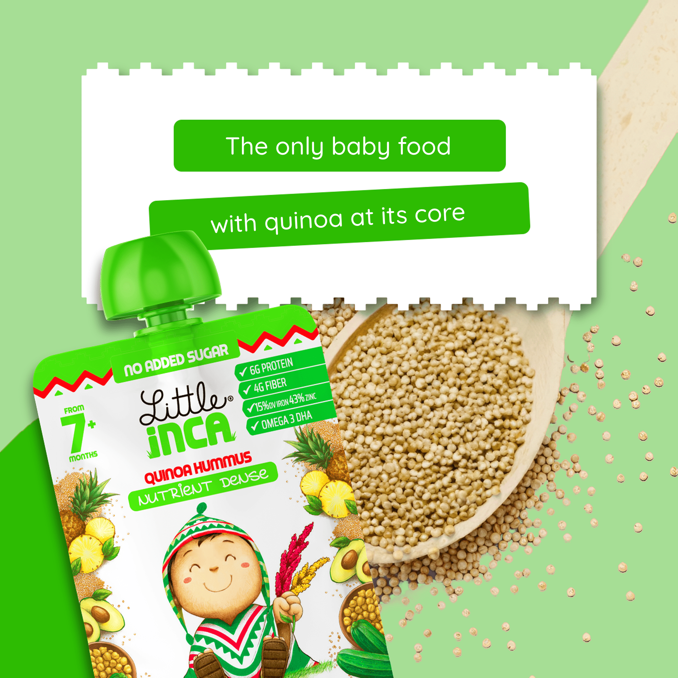Little Inca Stage 2 Baby Food Pouches, Quinoa Hummus Baby Puree, Plant Based High Protein, Dairy-Free, 6 x 3.5oz