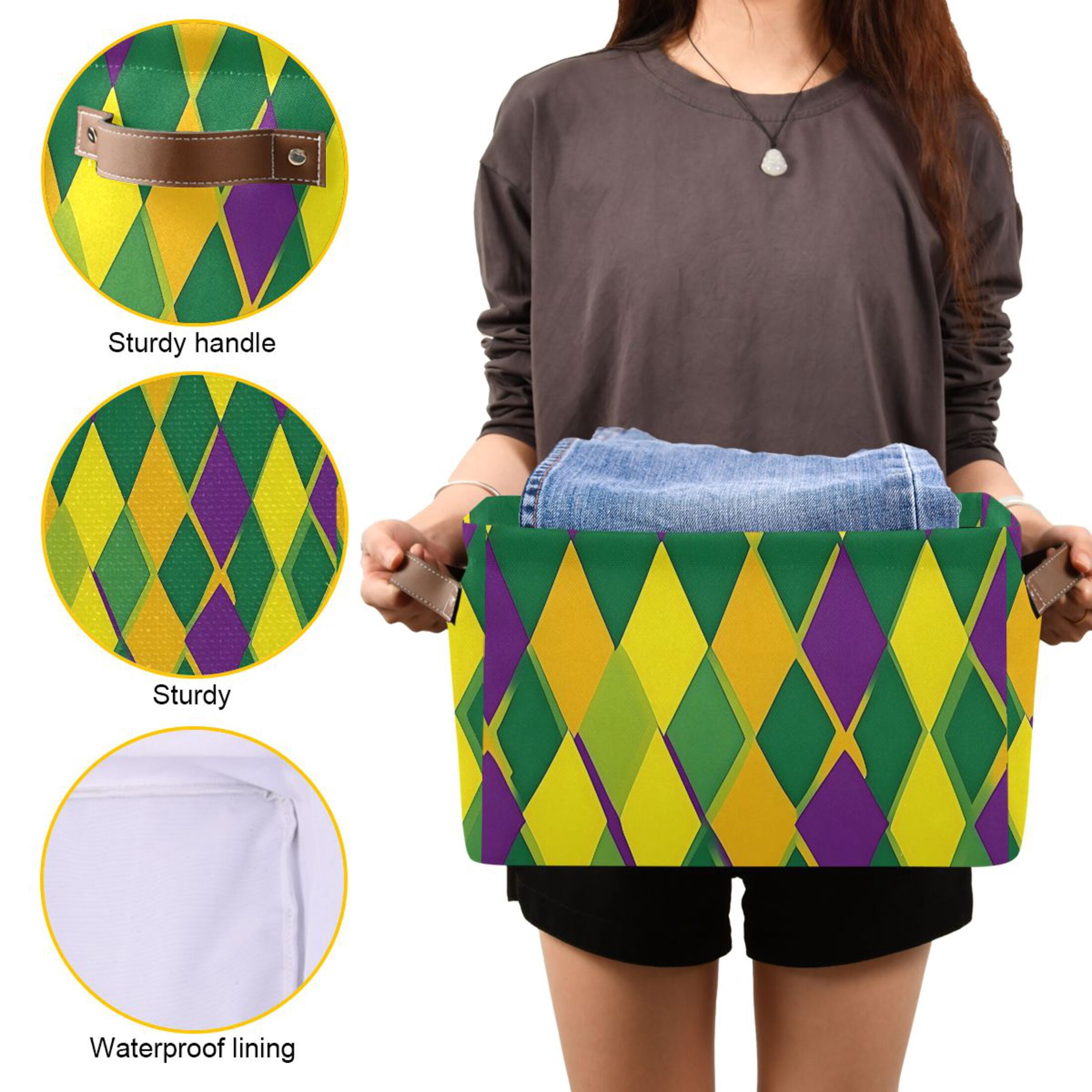 Ryvnso Mardi Gras Checkered Storage Basket Large Bin Foldable Boxes Toys Organizer 14.2x10.2x8.3in 2 PCs