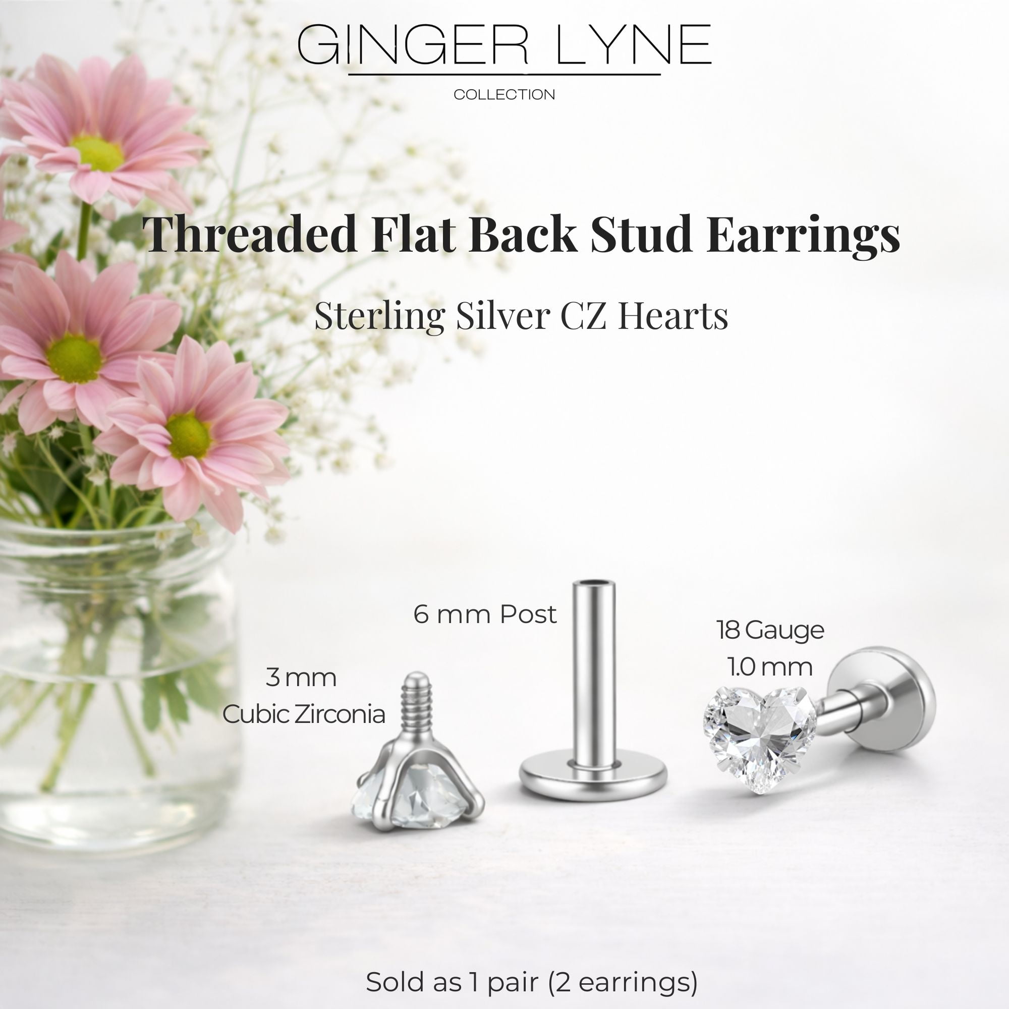 Ginger Lyne Solitaire Heart Flat Back Stud Earrings Sterling Silver Cubic Zirconia Body Jewelry