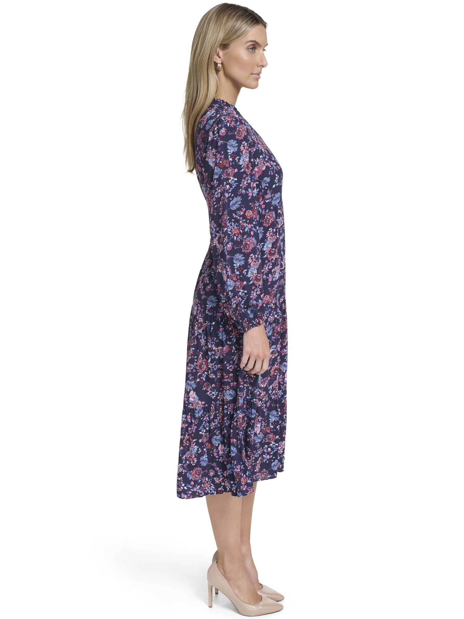Falling Flowers Women's Notch Ruffle Collar Tiered Midi Dress, Sizes XS-XL