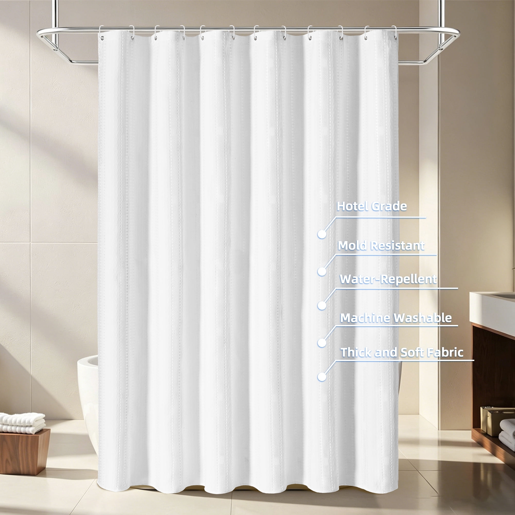FRAMICS Waffle Shower Curtain Sets with Non-Slip Rug & 12 Hooks, Luxury Heavy Duty Waterproof Fabric Bathroom Sets, 72" x 72", White