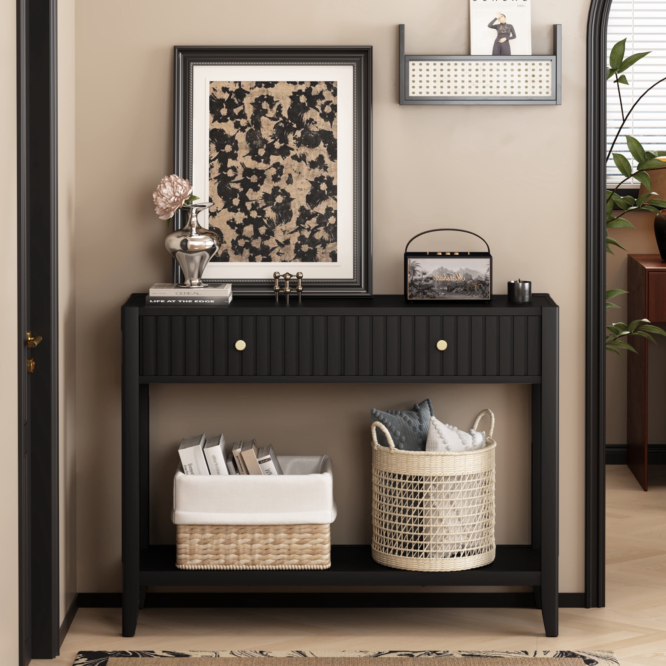Noble House Narrow Wooden Console Table, Entryway Accent Sofa Table with Hidden Drawers and Storage Shelf, Black
