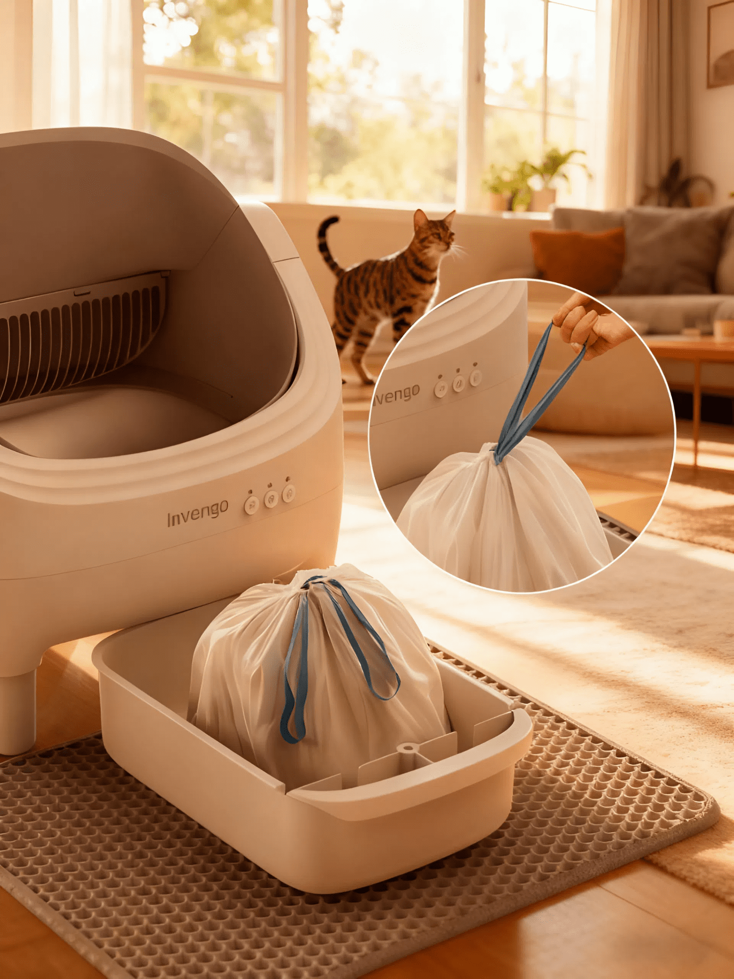 Automatic Open-Top Self-Cleaning Cat Litter Box -App Control, Safe Alert, Smart Health Monitor, Includes 2 Liners & Mat, Multi-Cat Friendly, Champagne