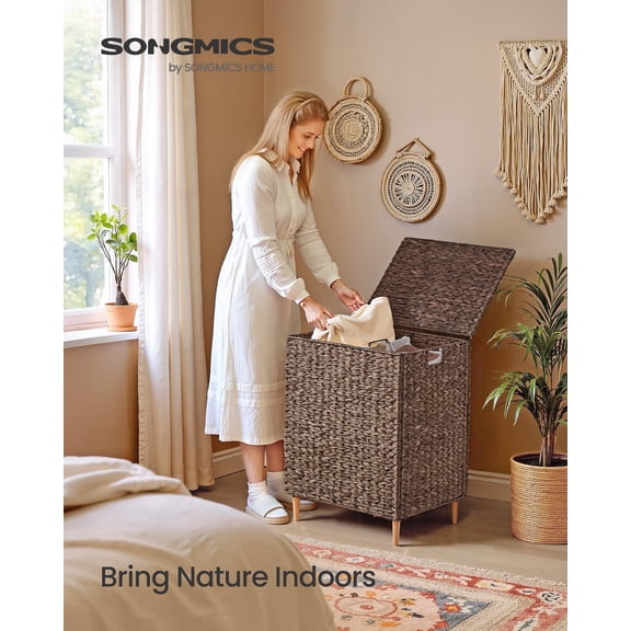 34.3 Gal. Laundry Hamper, 2-Section Handwoven Water Hyacinth Wicker Laundry Basket with Lid, Removable Liners, Espresso