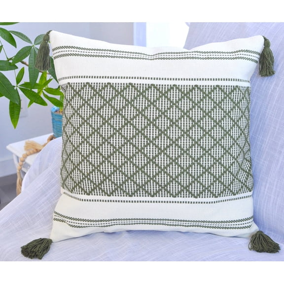 Boho Tassels Throw Pillow Cover, Olive Green, 16x16 inch Single Piece / Decorative Living Room Cushion Cover / Farmhouse Designer Woven PillowCase/ Modern Accent Cushion Cover