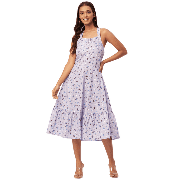 Moomaya Printed Tiered Dress With Criss-Cross Back, Resort Wear Short Dress For Women