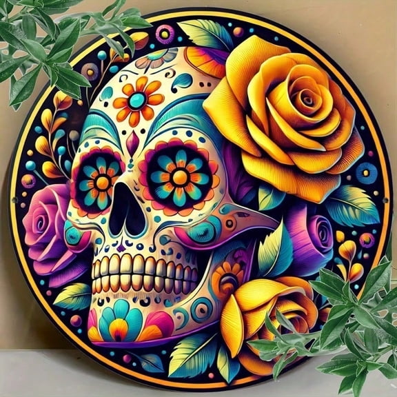 HELLOYOUNG Day of The Dead Wreath, Dia De Los Muertos Metal Wall Decor 8x8 Inch Round, Sugar Skull Sign for Home Porch Window Gift, Halloween Decorations