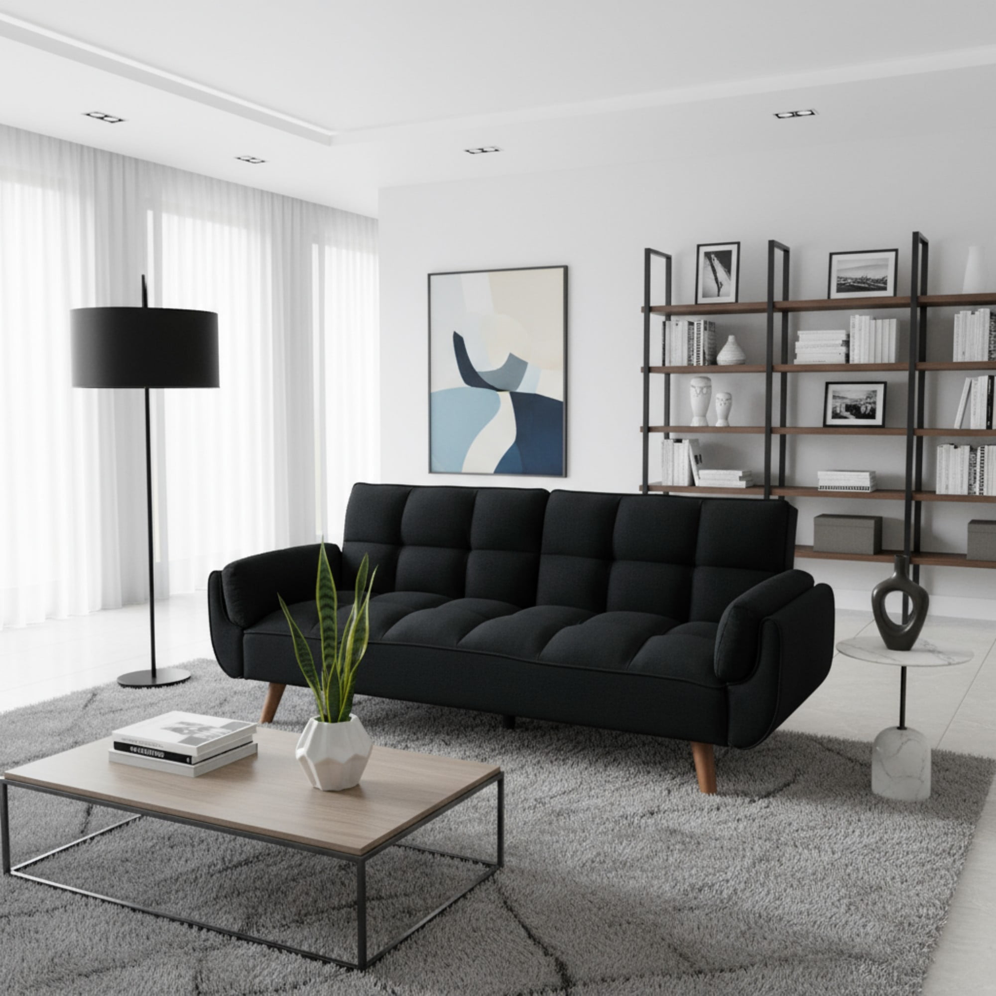 Gewnee Mid-Century Modern Sofa, Solid Eucalyptus Wood Frame, S-Shaped Springs, 500 lbs Capacity, Living Room, Black