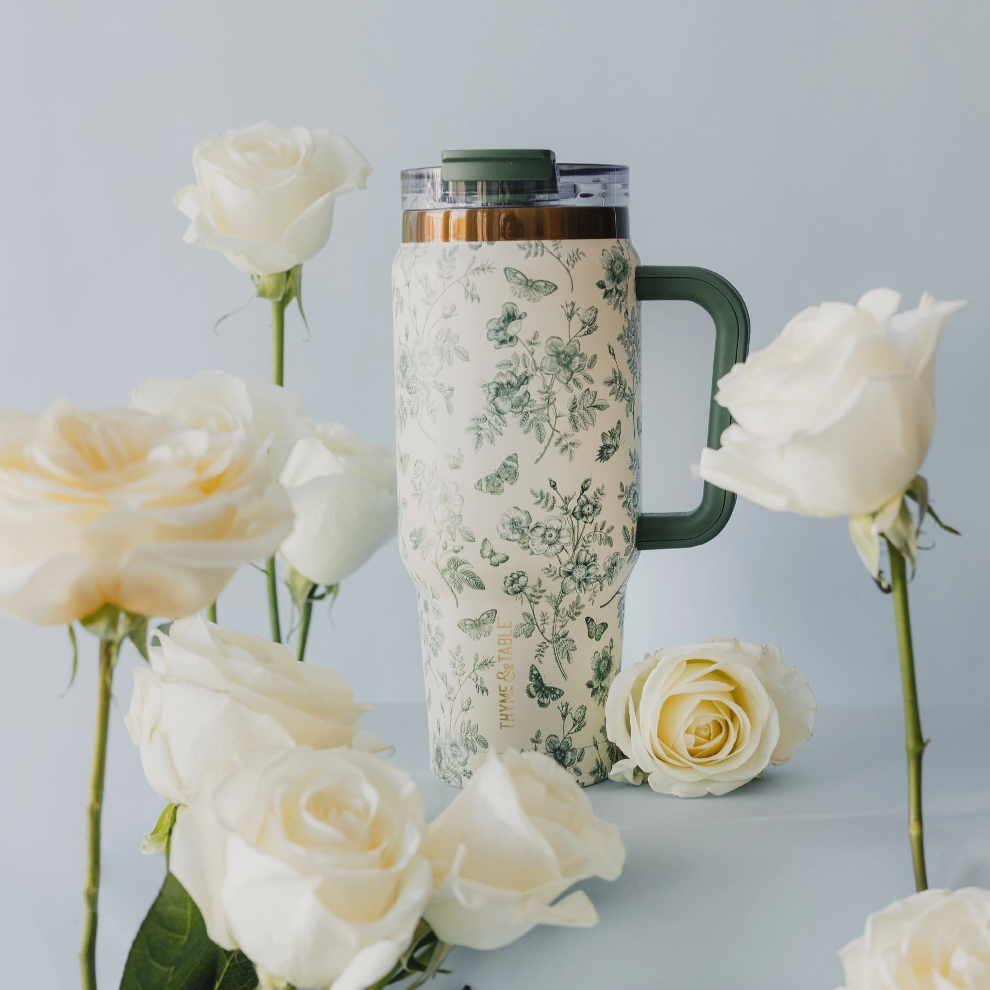 Thyme & Table 32oz Stainless Steel Luna Tumbler with Handle and Dual Straw Lid, Green Floral