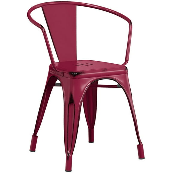 Cafe Style Stackable Distressed Mulberry Metal Restaurant Dining Arm Chair For Indoor or Outdoor Use
