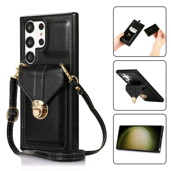 Cutyskin Case for Samsung S24 Ultra, Luxury Metal Buckle Back Folio Cover [Crossbody & Shoulder Strap][Credit Card Holder][Fashion Design] Shockproof Phone Case for Samsung Galaxy S24 Ultra, Black