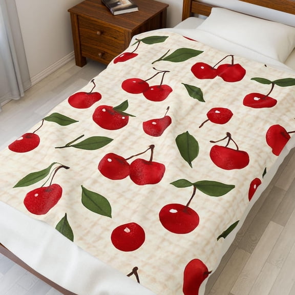 Red Cherry Plush Blanket, Cute Throw Blanket, Soft Throw for Spring, Fall, Winter, Home Decor, Throw Blanket Plush Cozy Gift for Family Friend